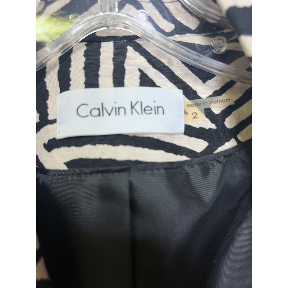 Calvin Klein Womens Black Cream Geometric Print Linen Rayon Blazer Jacket Size 2 - Picture 3 of 3
